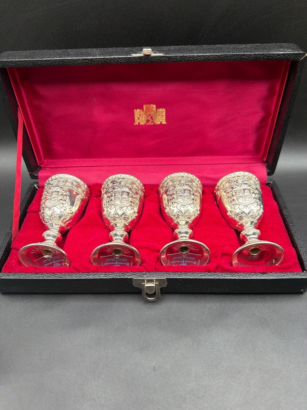 Vintage Japan Silverplate Cordial Goblets Set of 4 Heraldic Crest Original Case